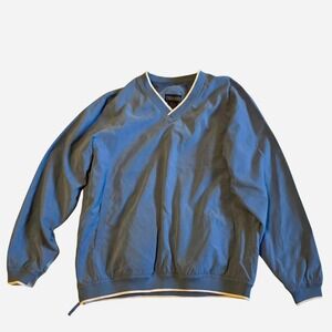 Très Bien light blue pullover windbreaker, size L. Features V-neck design